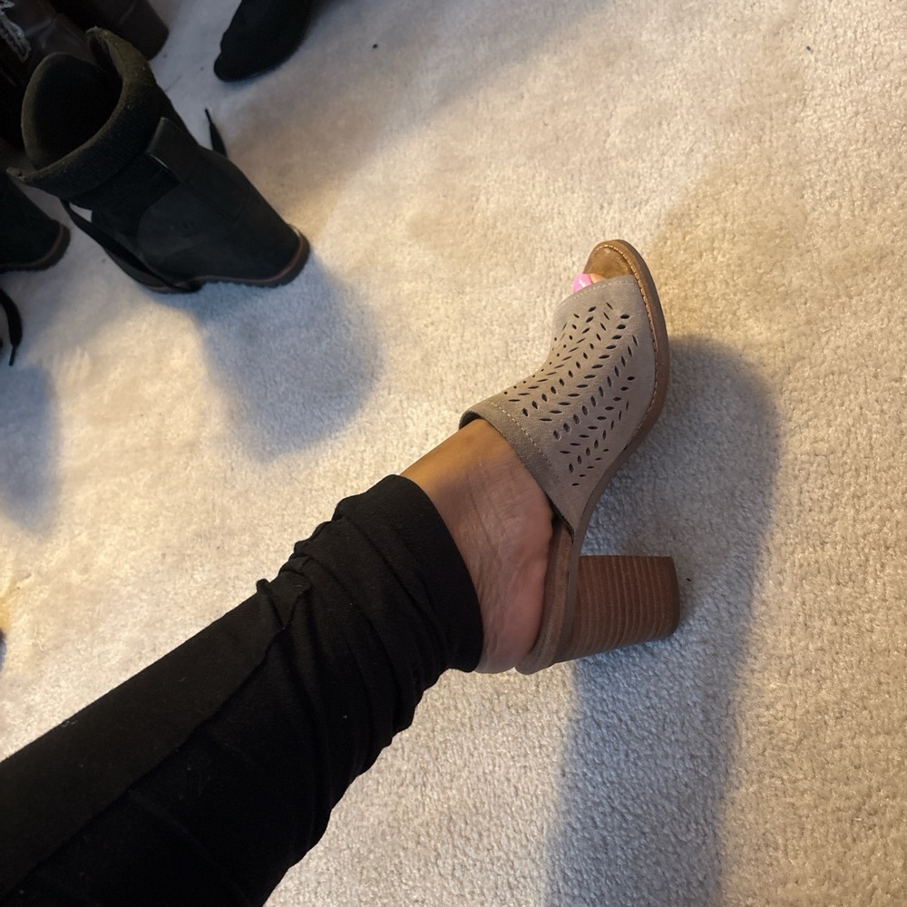 Toms Taupe Perforated Block Heel Mules
